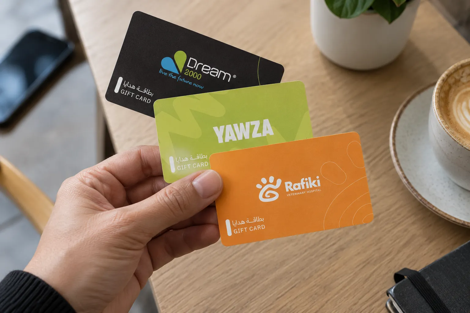 A hand holding gift cards from three Qboon partner brands
