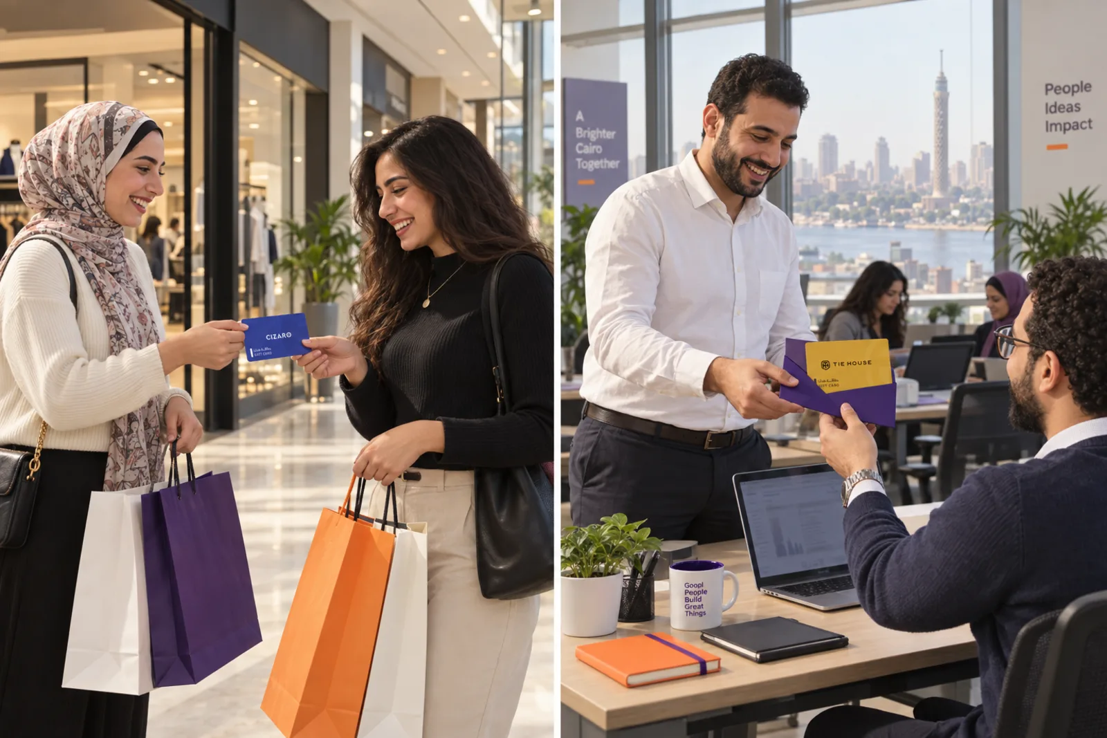 A shopper choosing a gift card while an office team gifts a colleague